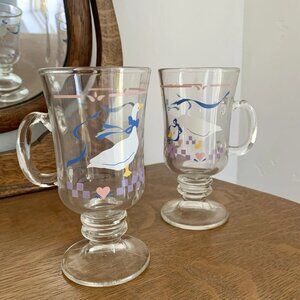 Pair Of 1980s Country Geese Pink Heart by Libbey Glass - Irish Coffee Mugs